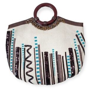 𝅺chico’s Wood Handle Jute Purse Southwestern Sequins Beading Tan Turquoise